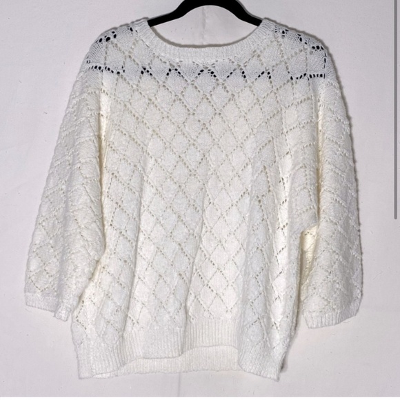 Vintage Oversized Ivory Diamond Knit V Neck Half Sleeve Sweater M - Picture 2 of 9